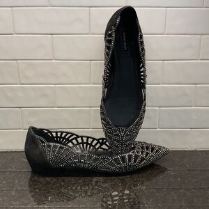 Black Swarovski Crystal Cutout Suede Flat Shoes Sz 9